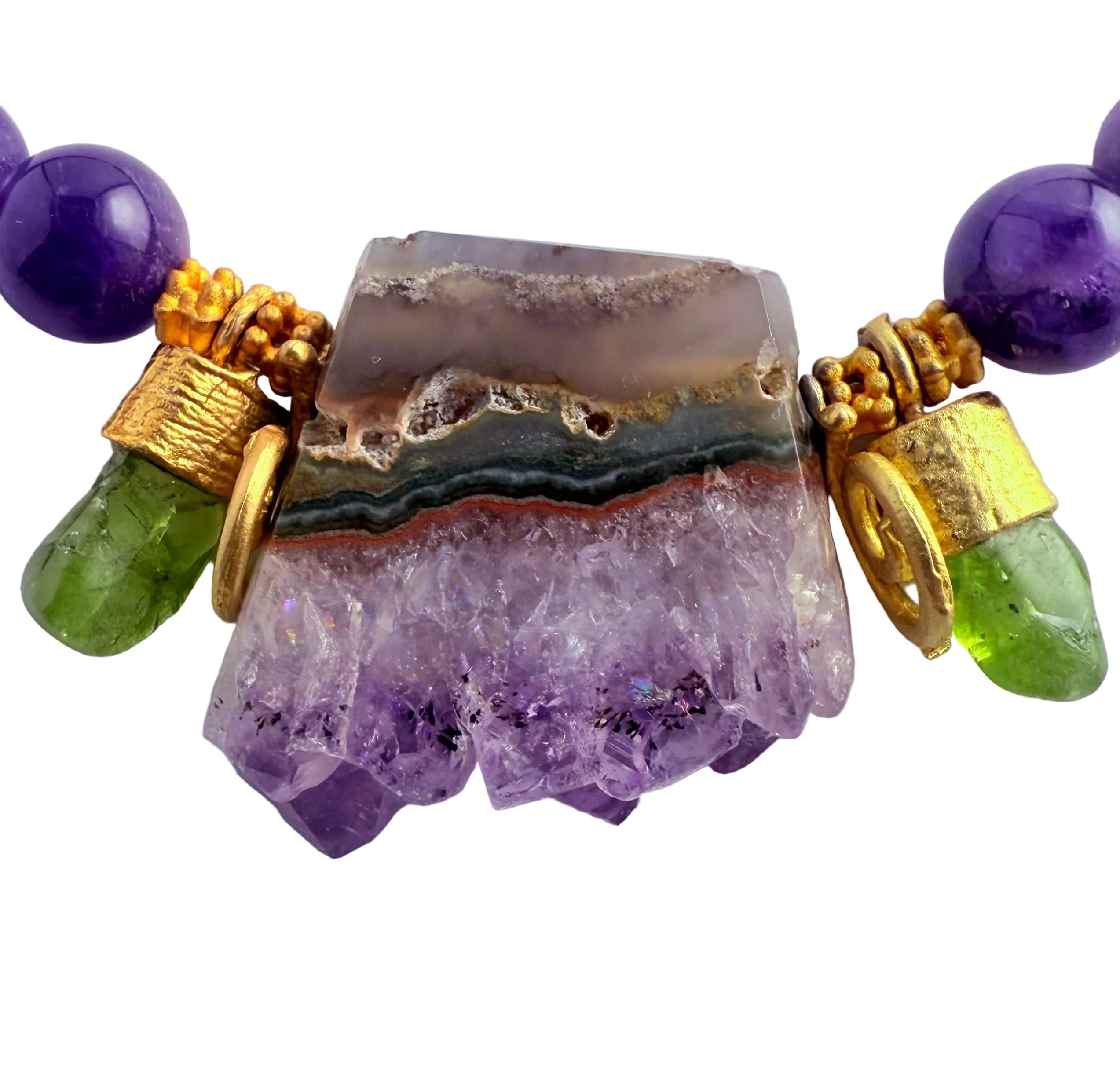 Chevron Amethyst center with two green Peridots and an Amethyst strand.  Accessories are 24K Gold vermeil.