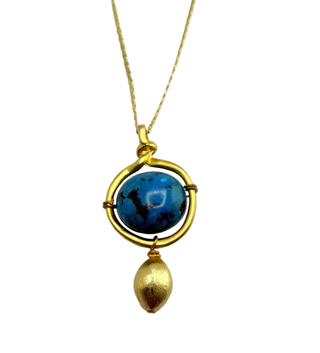 Round large (1-1.2") Turquoise suspended in a circle and hanging accessory, both 24K Gold vermeil.
