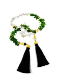 Lariat necklace half Freshwater Pearls and half Green Jade, 24K gold vermeil cones and silk tassels.