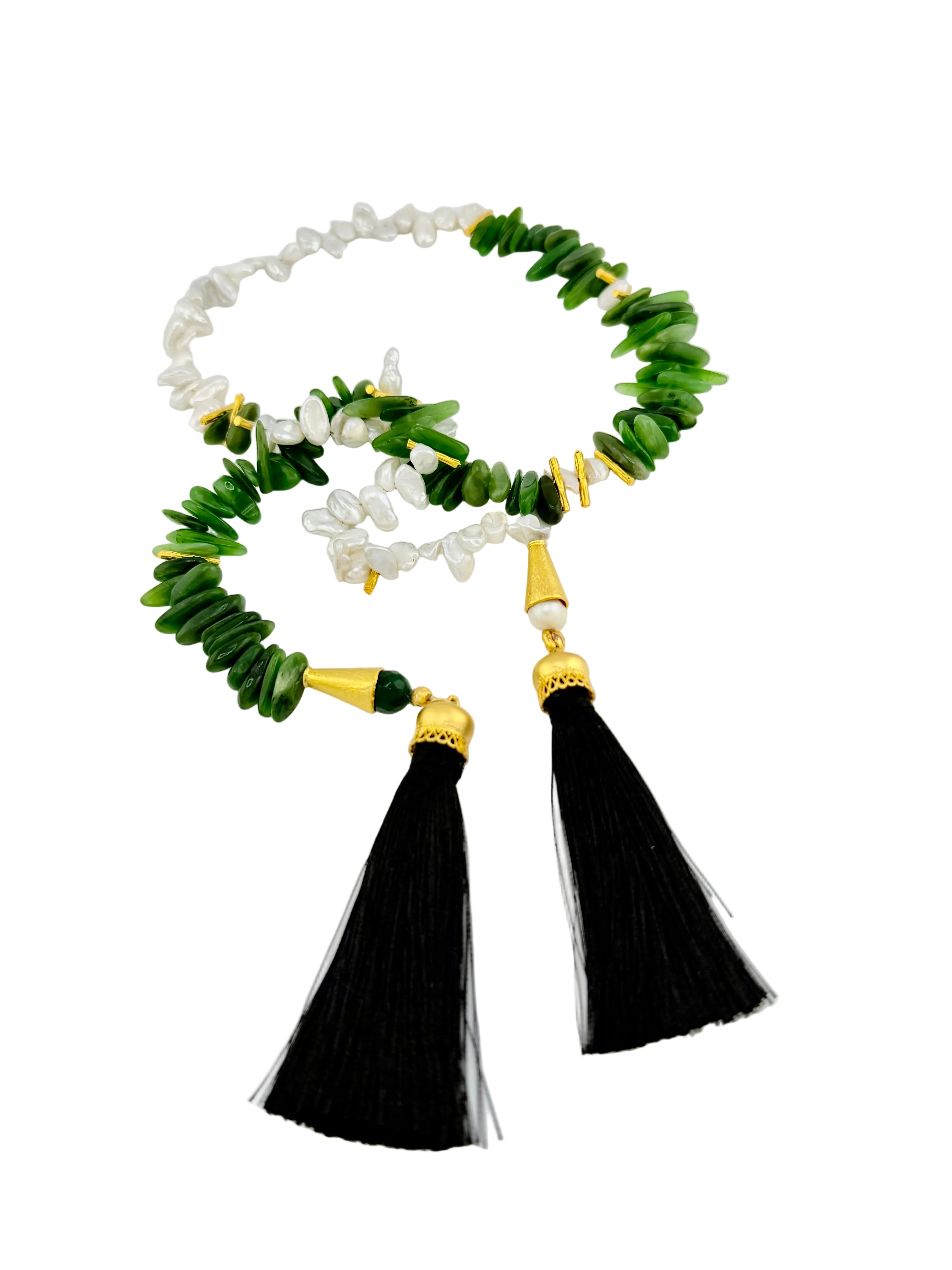 Lariat necklace half Freshwater Pearls and half Green Jade, 24K gold vermeil cones and silk tassels.